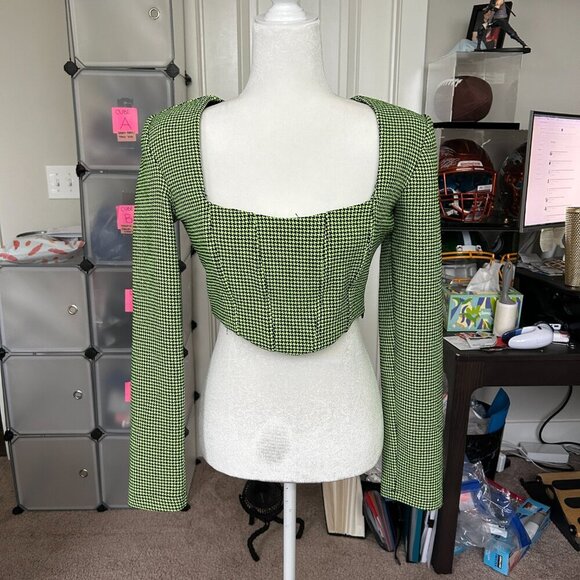 Zara Neon Green Black Houndstooth Corset Crop Top Size Medium - Picture 6 of 13